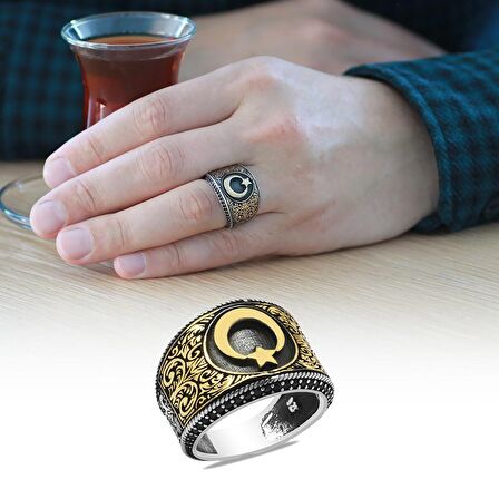 Mikro Siyah Zirkon Taş Mıhlamalı Ayyıldız Tasarım  925 Ayar Gümüş Erkek