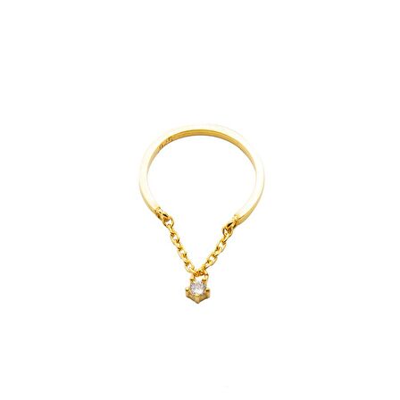 Zirkon Taşlı Zincirli Gold Renk Free Size 925 Ayar Gümüş Kadın Tektaş Yüzük