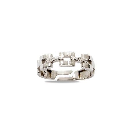 Zirkon Taşlı Kare Zincir Tasarım Silver Renk Free Size 925 Ayar Gümüş Kadın Yüzük