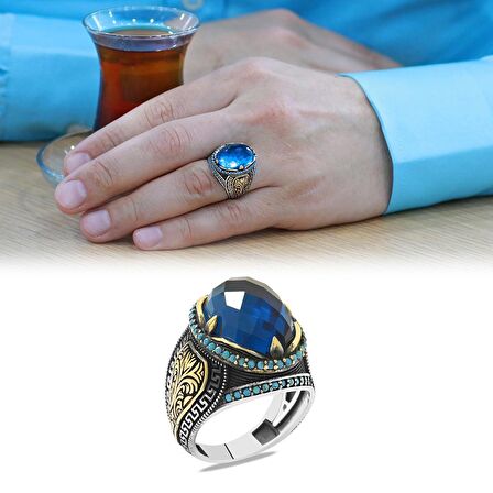 Faset Kesim Turkuaz Zirkon Taşlı Oval Tasarım Grek Süslemeli 925 Ayar Gümüş Erkek Yüzük