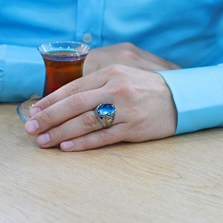 Faset Kesim Turkuaz Zirkon Taşlı Oval Tasarım Grek Süslemeli 925 Ayar Gümüş Erkek Yüzük