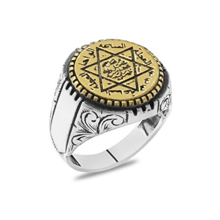 Modern Tasarım Üzeri "Mühr-i Süleyman" İşlemeli 925 Ayar Gümüş Erkek Yüzük