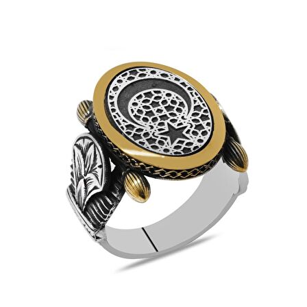 Oval Otantik Tasarım Ayyıldız Motifli 925 Ayar Gümüş Erkek Yüzük