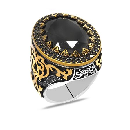 Oval Tasarım Faset Siyah Zirkon Taşlı 925 Ayar Gümüş Erkek Yüzük