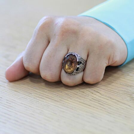 Faset Zultanit Taşlı Selçuklu Kartalı İşlemeli 925 Ayar Gümüş Erkek Yüzük