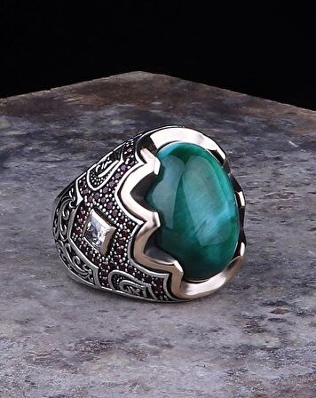 Yeşil Kaplangözü Taşlı Yanları Gravür İşlemeli 925 Ayar Gümüş Erkek Yüzük