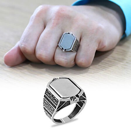 Siyah Oniks Taşlı Çift Taraflı Kişiye Özel İsim Harf Yazılı 925 Ayar Gümüş Erkek Yüzük