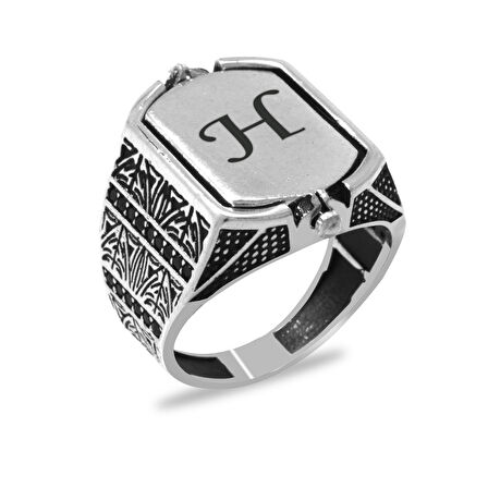 Siyah Oniks Taşlı Çift Taraflı Kişiye Özel İsim Harf Yazılı 925 Ayar Gümüş Erkek Yüzük