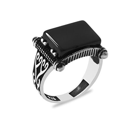 Dikdörtgen Siyah Oniks Taşlı Basic Tasarım 925 Ayar Gümüş Erkek Yüzük