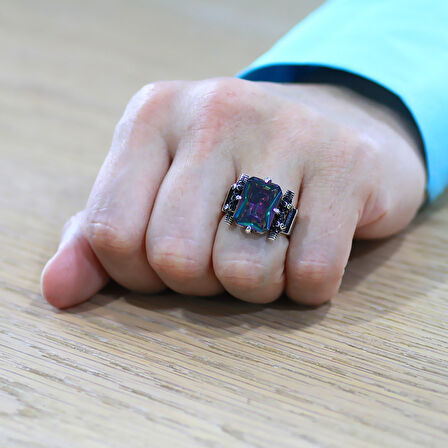 Baget Kesim Mistik Topaz Taşlı 925 Ayar Gümüş Erkek Yüzük