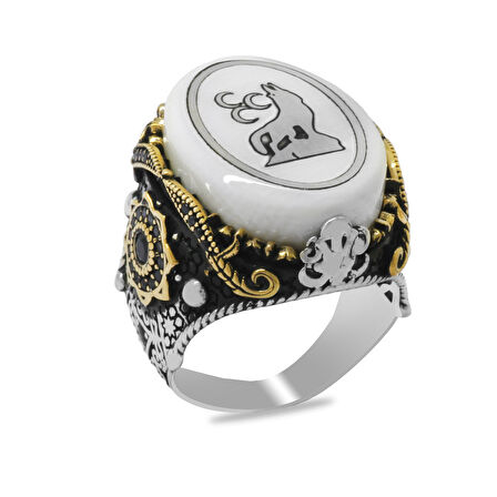 Fildişi Üzerine Üç Hilal Kurt İşlemeli Oval Tasarım Koleksiyonluk 925 Ayar Gümüş Erkek Yüzük