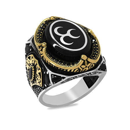 Erzurum Oltu Taşı Üzerine Üç Hilal İşlemeli Kenarları Mikro Zirkon Taş Mıhlamalı Oval Tasarım Koleksiyonluk 925 Ayar Gümüş Erkek Yüzük