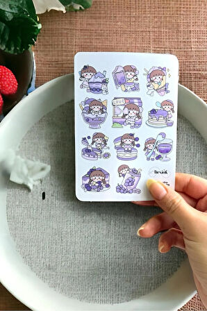 Kawaii Sevimli Kızlar (Mor)  Parlak Sticker Seti Scrapbook Ajanda Journal Bullet Planner Telefon