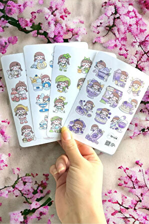 Kawaii Sevimli Kızlar (Mor)  Parlak Sticker Seti Scrapbook Ajanda Journal Bullet Planner Telefon