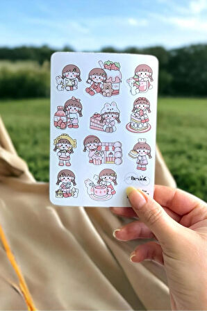 Kawaii Sevimli Kızlar (Kırmızı) Sticker Seti Scrapbook Ajanda Journal Bullet Planner Telefon