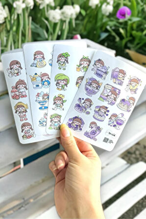 Kawaii Sevimli Kızlar (Kırmızı) Sticker Seti Scrapbook Ajanda Journal Bullet Planner Telefon