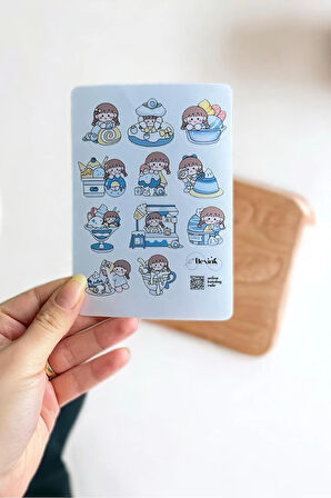 Kawaii Sevimli Kızlar (Mavi)  Parlak Sticker Seti Scrapbook Ajanda Journal Bullet Planner Telefon