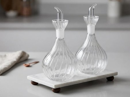 2 Adet 900 ml Borosilikat Tombul Çizgili Cam Yağdanlık ve Mermer Stantlı – Yağlık Sirkelik Seti