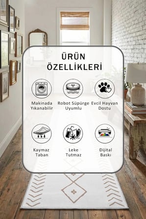 İskandinav Beyaz Vizon Yıkanabilir Kaymaz Taban Dijital Baskılı Yolluk Halı