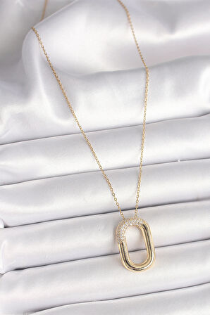 316L Çelik Gold Renk Zirkon Taşlı Oval Model Kadın Kolye