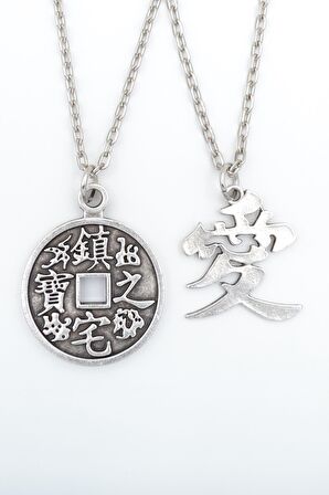 2'li Çin Aşk Sembolü - Çin Feng Shui Şans Parası Erkek Kadın Kolye Seti 925 Ayar Gümüş Kaplama