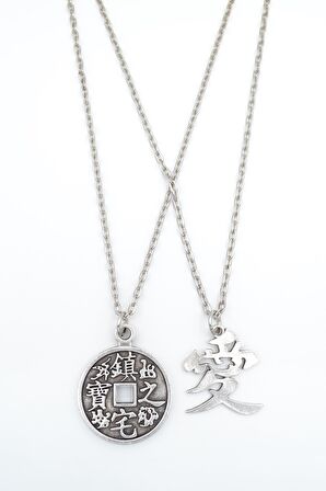 2'li Çin Aşk Sembolü - Çin Feng Shui Şans Parası Erkek Kadın Kolye Seti 925 Ayar Gümüş Kaplama