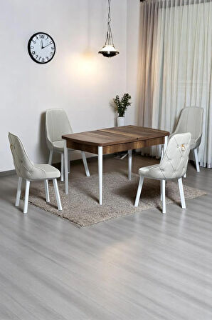 Monera Ceviz 80 x 132 Açılabilen Sunta Masa Metal Ayaklı Mutfak Masası Takımı 4 Krem Sandalye
