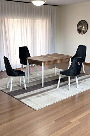 Monera Ceviz 80 x 132 Açılabilen Sunta Masa Metal Ayaklı Mutfak Masası Takımı 4 Siyah Sandalye