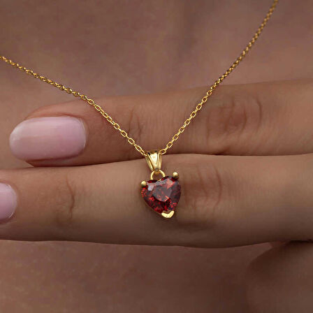 himarry 925 Ayar Gümüş Gold Kırmızı Taşlı Kalpli Kadın Kolye