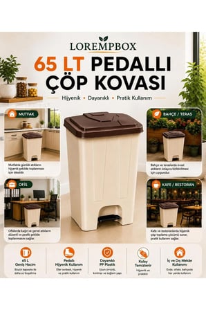 65 LT Pedallı Çöp Kovası Ev, Ofis, Mutfak, Bahçe ve İşyeri Kullanımına Uygun Bej Kahve
