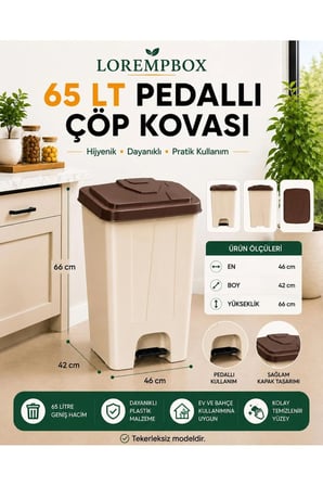 65 LT Pedallı Çöp Kovası Ev, Ofis, Mutfak, Bahçe ve İşyeri Kullanımına Uygun Bej Kahve