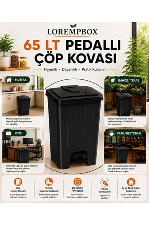 65 LT Pedallı Çöp Kovası Ev, Ofis, Mutfak, Bahçe ve İşyeri Kullanımına Uygun Siyah