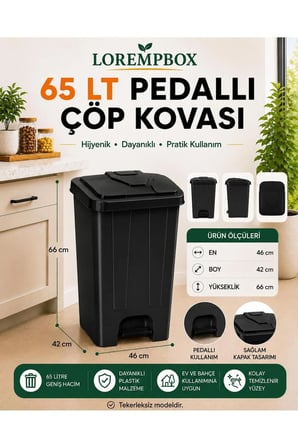 65 LT Pedallı Çöp Kovası Ev, Ofis, Mutfak, Bahçe ve İşyeri Kullanımına Uygun Siyah