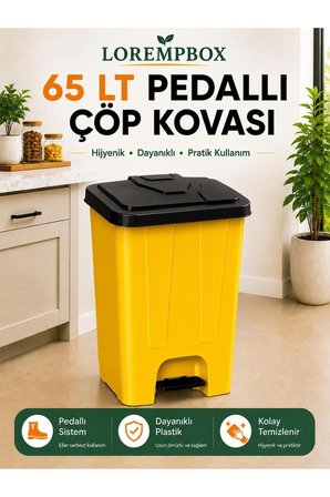 65 LT Pedallı Çöp Kovası Ev, Ofis, Mutfak, Bahçe ve İşyeri Kullanımına Uygun Sarı Siyah