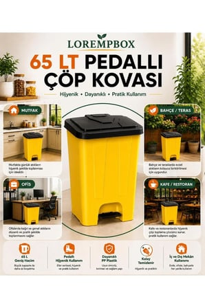 65 LT Pedallı Çöp Kovası Ev, Ofis, Mutfak, Bahçe ve İşyeri Kullanımına Uygun Sarı Siyah