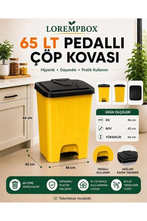 65 LT Pedallı Çöp Kovası Ev, Ofis, Mutfak, Bahçe ve İşyeri Kullanımına Uygun Sarı Siyah