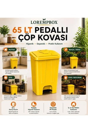 65 LT Pedallı Çöp Kovası Ev, Ofis, Mutfak, Bahçe ve İşyeri Kullanımına Uygun Sarı