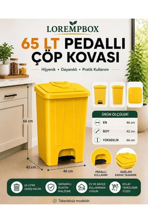 65 LT Pedallı Çöp Kovası Ev, Ofis, Mutfak, Bahçe ve İşyeri Kullanımına Uygun Sarı