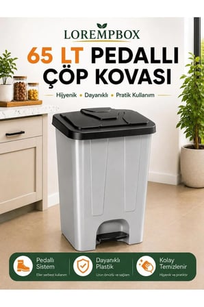 65 LT Pedallı Çöp Kovası Ev, Ofis, Mutfak, Bahçe ve İşyeri Kullanımına Uygun Koyu Gri Siyah