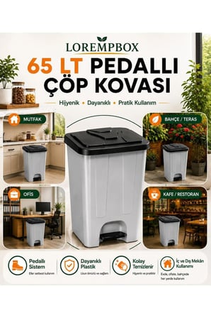 65 LT Pedallı Çöp Kovası Ev, Ofis, Mutfak, Bahçe ve İşyeri Kullanımına Uygun Koyu Gri Siyah