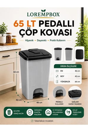 65 LT Pedallı Çöp Kovası Ev, Ofis, Mutfak, Bahçe ve İşyeri Kullanımına Uygun Koyu Gri Siyah
