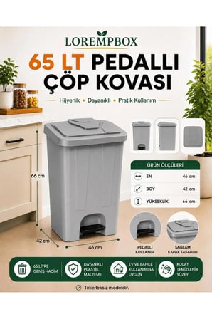 65 LT Pedallı Çöp Kovası |Ev, Ofis, Mutfak, Bahçe ve İşyeri Kullanımına Uygun Koyu Gri