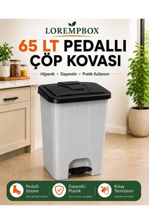 65 LT Pedallı Çöp Kovası Ev, Ofis, Mutfak, Bahçe ve İşyeri Kullanımına Uygun Gri Siyah
