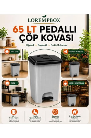 65 LT Pedallı Çöp Kovası Ev, Ofis, Mutfak, Bahçe ve İşyeri Kullanımına Uygun Gri Siyah