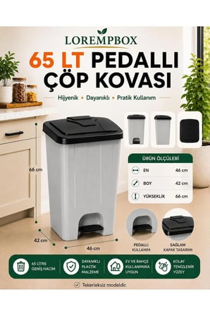 65 LT Pedallı Çöp Kovası Ev, Ofis, Mutfak, Bahçe ve İşyeri Kullanımına Uygun Gri Siyah