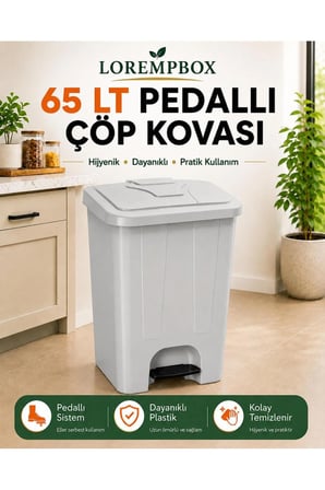 65 LT Pedallı Çöp Kovası Ev, Ofis, Mutfak, Bahçe ve İşyeri Kullanımına Uygun Gri