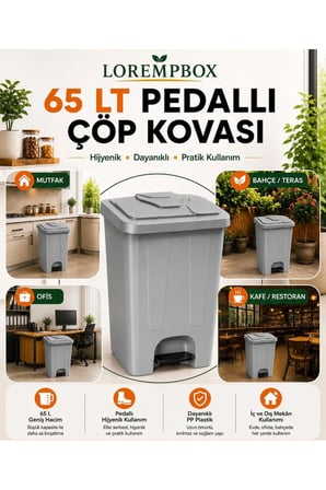 65 LT Pedallı Çöp Kovası Ev, Ofis, Mutfak, Bahçe ve İşyeri Kullanımına Uygun Gri