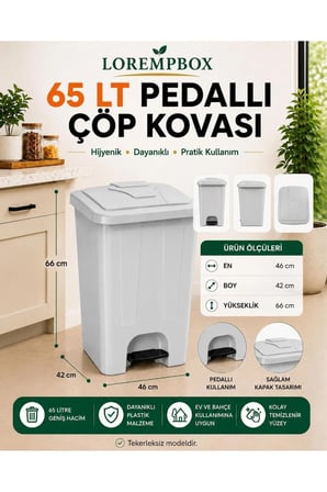 65 LT Pedallı Çöp Kovası Ev, Ofis, Mutfak, Bahçe ve İşyeri Kullanımına Uygun Gri