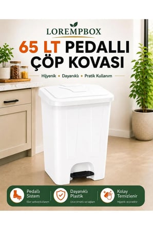 65 LT Pedallı Çöp Kovası Ev, Ofis, Mutfak, Bahçe ve İşyeri Kullanımına Uygun Beyaz