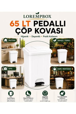 65 LT Pedallı Çöp Kovası Ev, Ofis, Mutfak, Bahçe ve İşyeri Kullanımına Uygun Beyaz